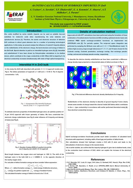 Ab INITIO CALCULATIONS OF HYDROGEN IMPURITES IN ZnO A. Useinov 1, A. Sorokin 2, Y.F. Zhukovskii 2, E. A. Kotomin 2, F. Abuova 1, A.T. Akilbekov 1, J. Purans.