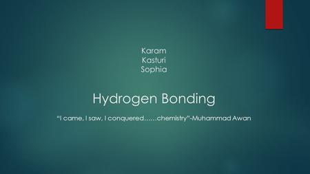 Karam Kasturi Sophia Hydrogen Bonding “I came, I saw, I conquered……chemistry”-Muhammad Awan.