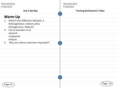 Unit 1 Test Day Page 13 “Hunting the Elements” Video Page 14 Thurs 9/12/13 Fri 9/13/13 Thurs 9/12/13 Fri 9/13/13 Warm-Up 1.What is the difference between.