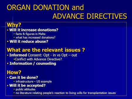 ORGAN DONATION and ADVANCE DIRECTIVES Why?  Will it increase donations?  facts & figures in Malta  what has increased donations?  Will it reduce abuse?