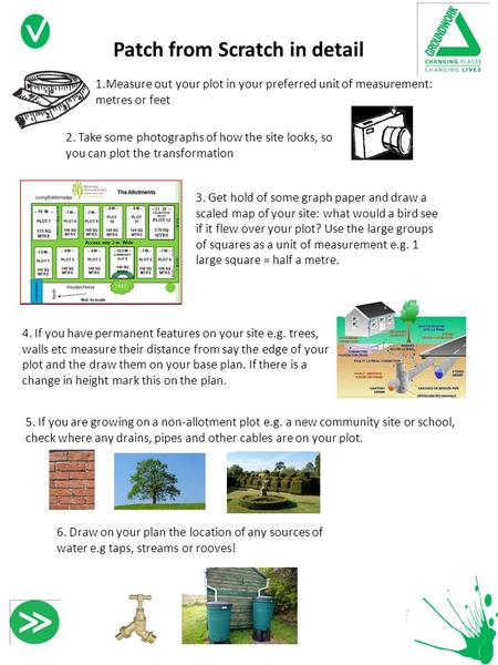 Patch from Scratch in detail 1.Measure out your plot in your preferred unit of measurement: metres or feet 2. Take some photographs of how the site looks,