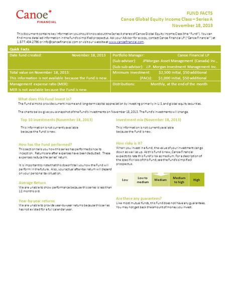 Low Low to medium Medium Medium to high High Quick Facts Date fund created: November 18, 2013 Portfolio Manager: Canoe Financial LP (Sub-advisor): JPMorgan.