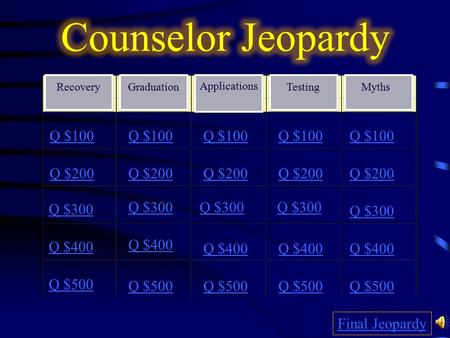 Recovery Q $300 Q $400 Q $500 Q $100 Q $200 Q $300 Q $400 Q $500 Final Jeopardy Q $300 Q $100 Q $200 Graduation Applications Testing Myths.