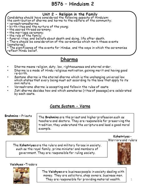 Unit 2 - Religion in the Family Candidates should have considered the following aspects of Hinduism: the contribution of dharma and karma to the welfare.