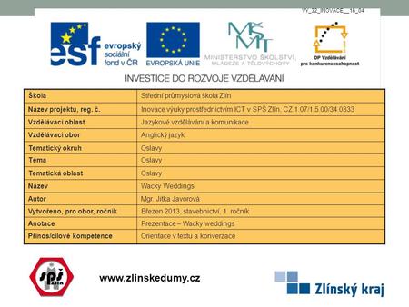 Www.zlinskedumy.cz ŠkolaStřední průmyslová škola Zlín Název projektu, reg. č.Inovace výuky prostřednictvím ICT v SPŠ Zlín, CZ.1.07/1.5.00/34.0333 Vzdělávací.