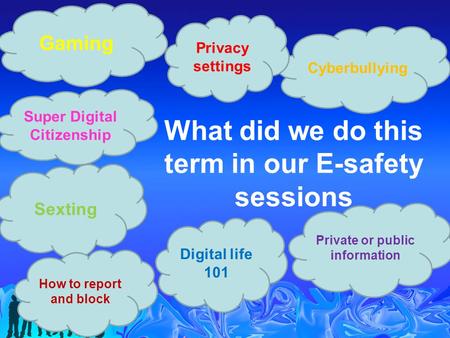 What did we do this term in our E-safety sessions Cyberbullying Sexting Gaming Private or public information Privacy settings Digital life 101 Super Digital.