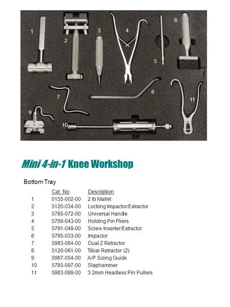 Mini 4-in-1 Knee Workshop Cat. No. Description 1 0155-002-00 2 lb Mallet 25120-034-00 Locking Impactor/Extractor 35785-072-00 Universal Handle 45789-043-00.