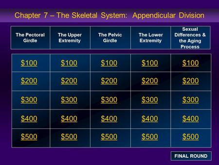 Chapter 7 – The Skeletal System: Appendicular Division $100 $200 $300 $400 $500 $100$100$100 $200 $300 $400 $500 The Pectoral Girdle The Upper Extremity.