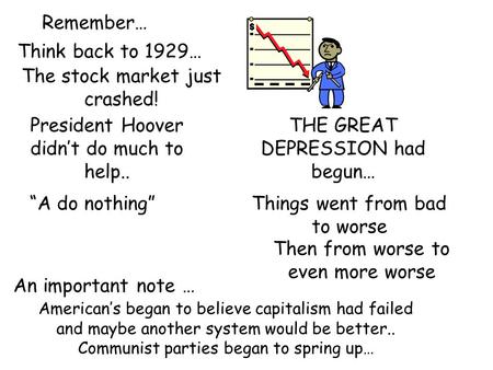 Remember… Think back to 1929… The stock market just crashed! President Hoover didn’t do much to help.. THE GREAT DEPRESSION had begun… Things went from.