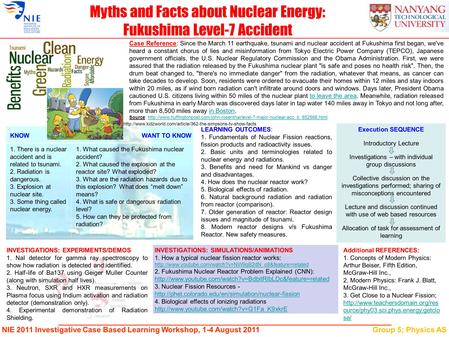 NIE 2011 Investigative Case Based Learning Workshop, 1-4 August 2011Group 5; Physics AS Myths and Facts about Nuclear Energy: Fukushima Level-7 Accident.