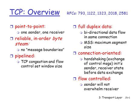 3: Transport Layer3b-1 TCP: Overview RFCs: 793, 1122, 1323, 2018, 2581 r full duplex data: m bi-directional data flow in same connection m MSS: maximum.