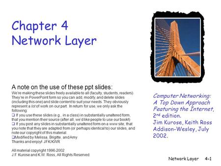 Chapter 4 Network Layer A note on the use of these ppt slides: