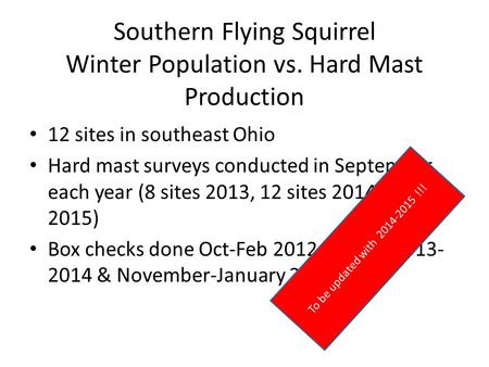 Southern Flying Squirrel Winter Population vs. Hard Mast Production 12 sites in southeast Ohio Hard mast surveys conducted in September each year (8 sites.