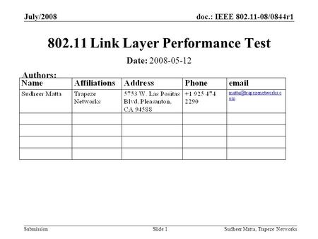 Doc.: IEEE 802.11-08/0844r1 Submission July/2008 Sudheer Matta, Trapeze NetworksSlide 1 802.11 Link Layer Performance Test Date: 2008-05-12 Authors: