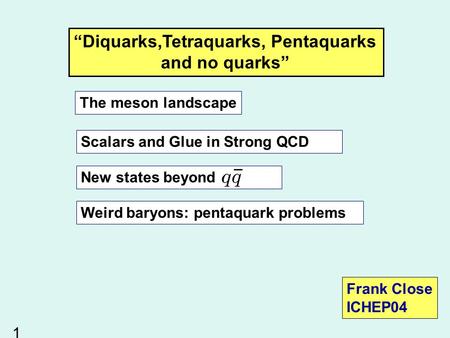 The meson landscape Scalars and Glue in Strong QCD New states beyond Weird baryons: pentaquark problems Frank Close ICHEP04 “Diquarks,Tetraquarks, Pentaquarks.