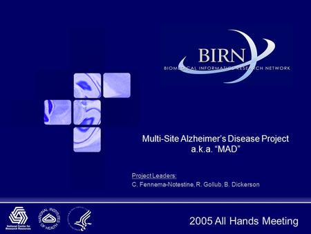 2005 All Hands Meeting Multi-Site Alzheimer’s Disease Project a.k.a. “MAD” Project Leaders: C. Fennema-Notestine, R. Gollub, B. Dickerson.