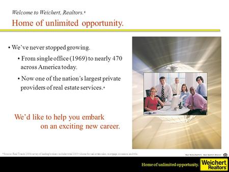 Home of unlimited opportunity. Equal Housing Opportunity. Equal Opportunity Employer. Welcome to Weichert, Realtors. Home of unlimited opportunity. ® We’ve.