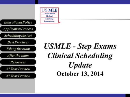 Scheduling the test Best Practices Resources Application Process Educational Policy After the exam Taking the exam 3 rd Year Preview 4 th Year Preview.