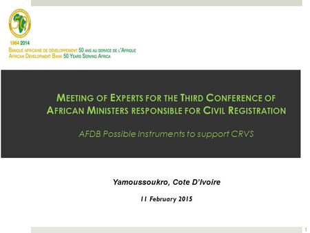 M EETING OF E XPERTS FOR THE T HIRD C ONFERENCE OF A FRICAN M INISTERS RESPONSIBLE FOR C IVIL R EGISTRATION AFDB Possible Instruments to support CRVS Yamoussoukro,