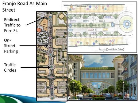 Franjo Road As Main Street Redirect Traffic to Fern St. Traffic Circles On- Street Parking.