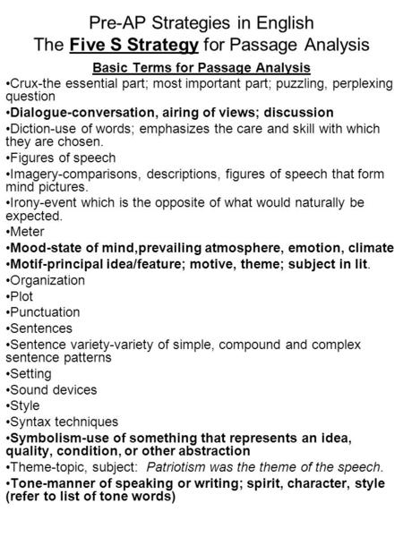 Pre-AP Strategies in English The Five S Strategy for Passage Analysis