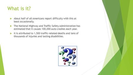 What is it? About half of all Americans report difficulty with this at least occasionally. The National Highway and Traffic Safety Administration has.