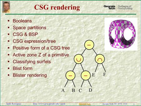 1 Georgia Tech, IIC, GVU, 2006 MAGIC Lab  Rossignac CSG rendering  Booleans  Space partitions  CSG & BSP  CSG.