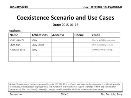 Submission doc.: IEEE 802.19-15/0010r0 January 2015 Sho Furuichi, SonySlide 1 Coexistence Scenario and Use Cases Date: 2015-01-13 Authors: Notice: This.