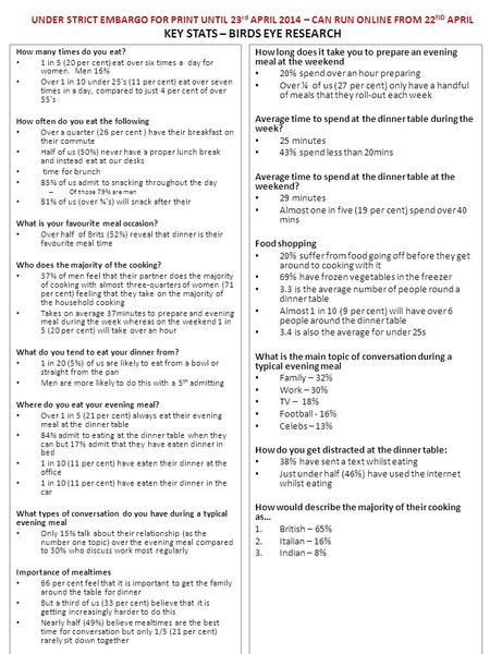 UNDER STRICT EMBARGO FOR PRINT UNTIL 23 rd APRIL 2014 – CAN RUN ONLINE FROM 22 ND APRIL KEY STATS – BIRDS EYE RESEARCH How many times do you eat? 1 in.