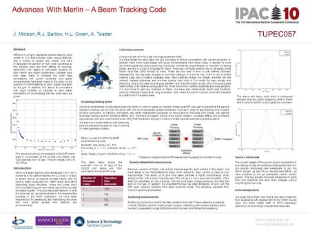 TUPEC057 Advances With Merlin – A Beam Tracking Code J. Molson, R.J. Barlow, H.L. Owen, A. Toader www.cockcroft.ac.uk www.manchester.ac.uk MERLIN is a.