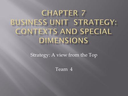 Strategy: A view from the Top Team 4.  Forecasting the effectiveness of strategy.  Six types of industry settings.  Three contexts that relate to evolutionary.