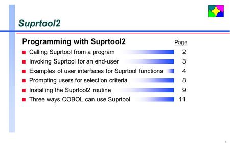 1 Suprtool2 Programming with Suprtool2 Page n Calling Suprtool from a program2 n Invoking Suprtool for an end-user3 n Examples of user interfaces for Suprtool.