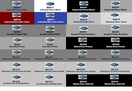 BA011 Industrial Gloss White BA010 Industrial Grey Primer BA017 Industrial Blue Oxide Primer BA018 Industrial Bright Silver BA019 Industrial Silver Primer.