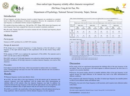 Does radical type frequency reliably affect character recognition? Zih-Nian, Cong & Jei-Tun, Wu Department of Psychology, National Taiwan University, Taipei,