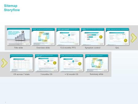 1 Sitemap Storyflow Title slideOverview slide13.6 months PFSSymptom controlQoL OS across 7 trials3 months OS > 12 month OS Summary slide.