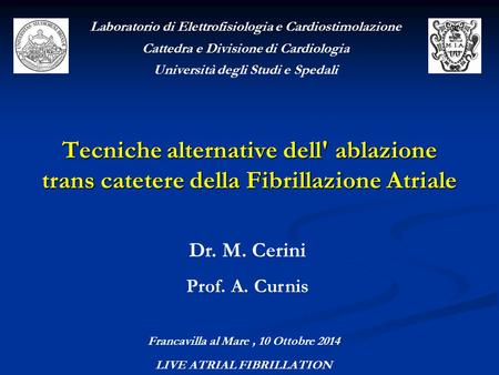 Tecniche alternative dell' ablazione trans catetere della Fibrillazione Atriale Laboratorio di Elettrofisiologia e Cardiostimolazione Cattedra e Divisione.