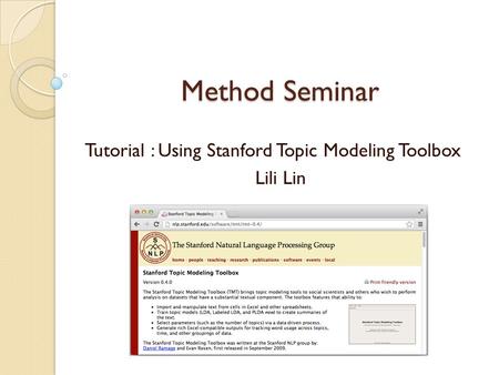 Tutorial : Using Stanford Topic Modeling Toolbox Lili Lin