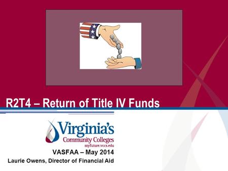 Photo or Art Optional R2T4 – Return of Title IV Funds VASFAA – May 2014 Laurie Owens, Director of Financial Aid.