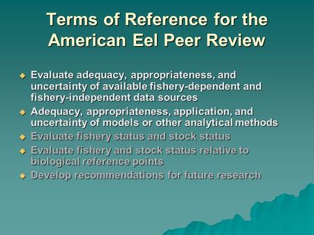 Terms of Reference for the American Eel Peer Review  Evaluate adequacy, appropriateness, and uncertainty of available fishery-dependent and fishery-independent.