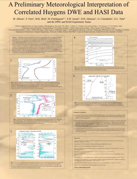 A Preliminary Meteorological Interpretation of Correlated Huygens DWE and HASI Data M. Allison 1, F. Ferri 2, M.K. Bird 3, M. Fulchignoni 4,5, S.W. Asmar.