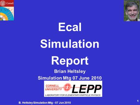 B. Heltsley Simulation Mtg - 07 Jun 2010 1 Ecal Simulation Report Brian Heltsley Simulation Mtg 07 June 2010.