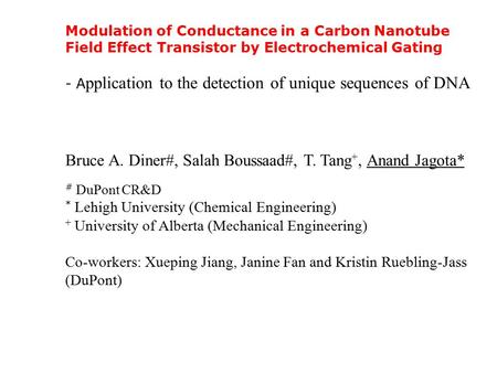 Modulation of Conductance in a Carbon Nanotube Field Effect Transistor by Electrochemical Gating - A pplication to the detection of unique sequences of.