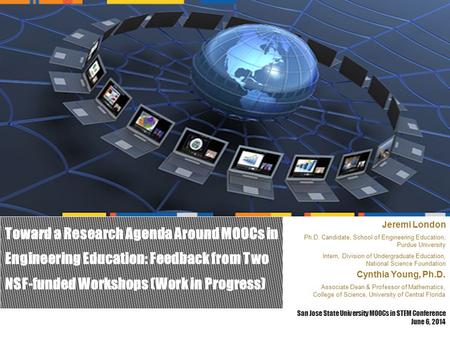 Toward a Research Agenda Around MOOCs in Engineering Education: Feedback from Two NSF-funded Workshops (Work in Progress) San Jose State University MOOCs.