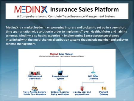 Insurance Sales Platform MedinyX is a market leader in empowering Insurers and brokers to set up in a very short time span a nationwide solution in order.