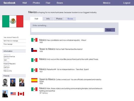 Facebook Mexico is hoping for no more hurricanes because tourism is our biggest industry. WallPhotosFlairBoxesMexicoLogout View photos of Mexico (5) Send.