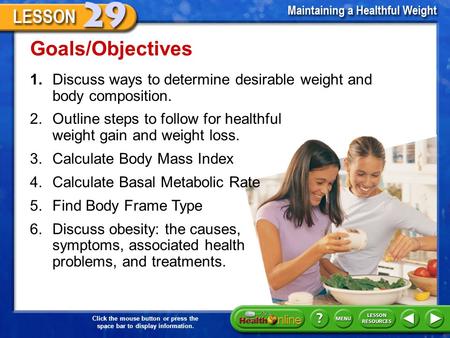 Click the mouse button or press the space bar to display information. Goals/Objectives 1.Discuss ways to determine desirable weight and body composition.