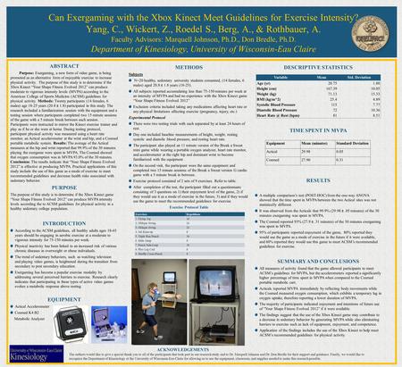 Can Exergaming with the Xbox Kinect Meet Guidelines for Exercise Intensity? Yang, C., Wickert, Z., Roedel S., Berg, A., & Rothbauer, A. Faculty Advisors: