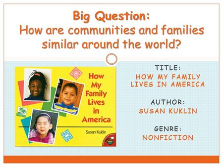 TITLE: HOW MY FAMILY LIVES IN AMERICA AUTHOR: SUSAN KUKLIN GENRE: NONFICTION Big Question: How are communities and families similar around the world?