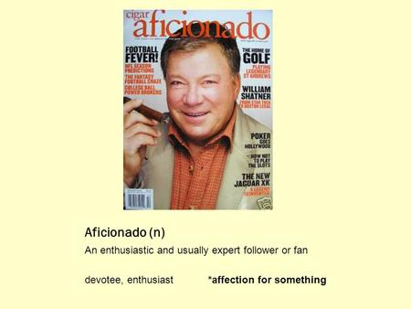 Aficionado (n) An enthusiastic and usually expert follower or fan devotee, enthusiast*affection for something.