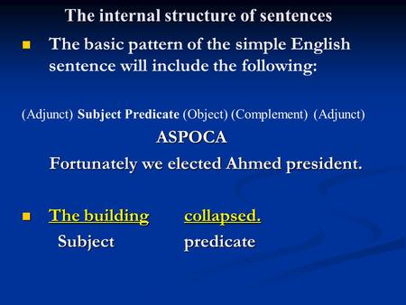 The internal structure of sentences The basic pattern of the simple English sentence will include the following: (Adjunct) Subject Predicate (Object) (Complement)